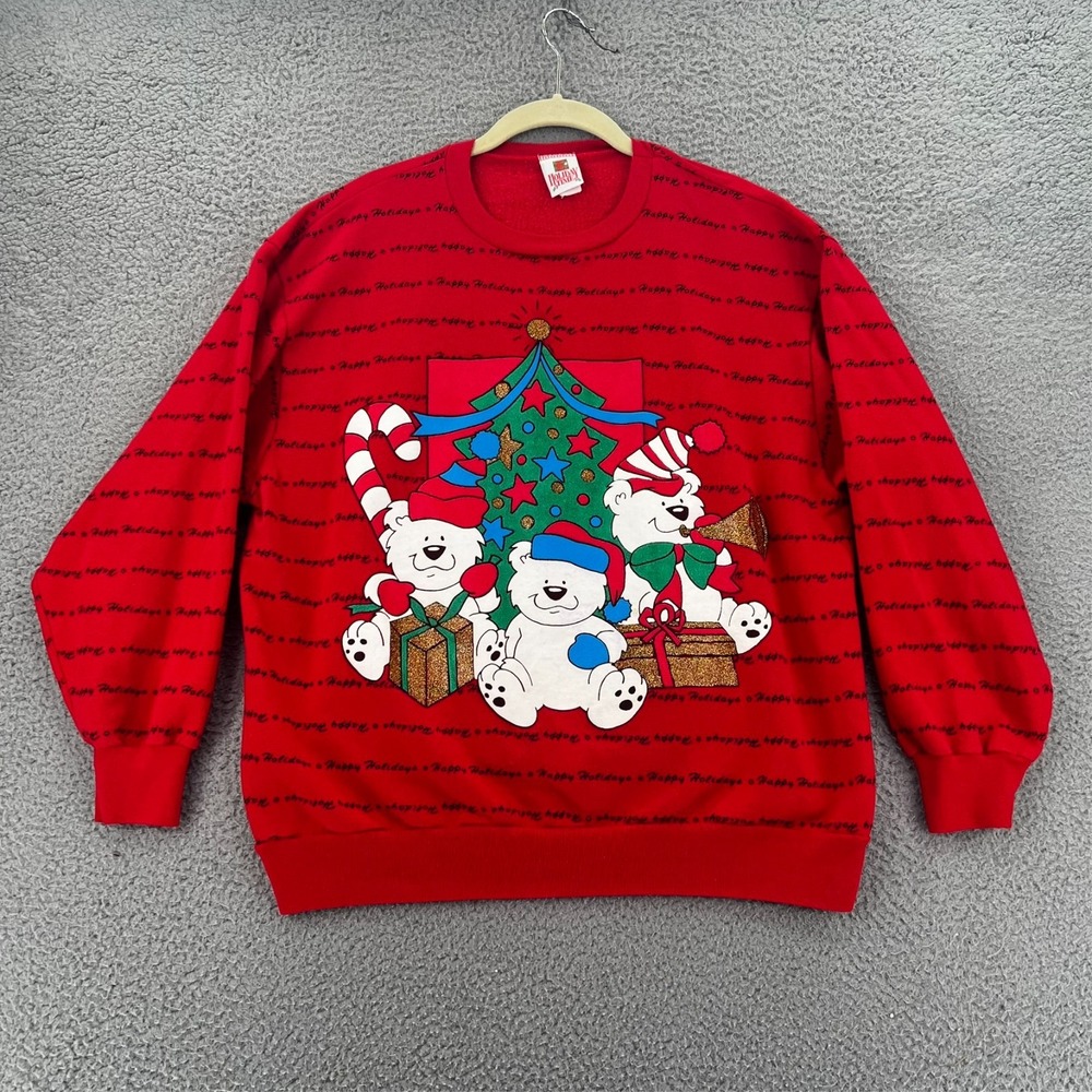 VTG 90s Holiday Time‎ Christmas Deck the Halls Bears Sweater Red Adult Large USA